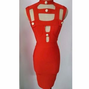 Red bodycon bandage dress high quality gold button